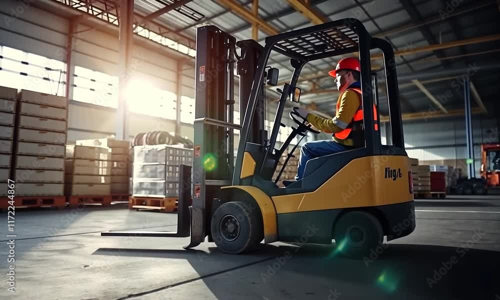 A warehouse worker operates a yellow forklift in a spacious industrial setting, with pallets stacked in the background and sunlight streaming through large windows. A warehouse worker operates a yellow forklift in a spacious industrial setting, with pallets stacked in the background and sunlight streaming through large windows.