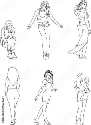 Vector sketch silhouette design of artist model doing photo shoot for advertisement.eps