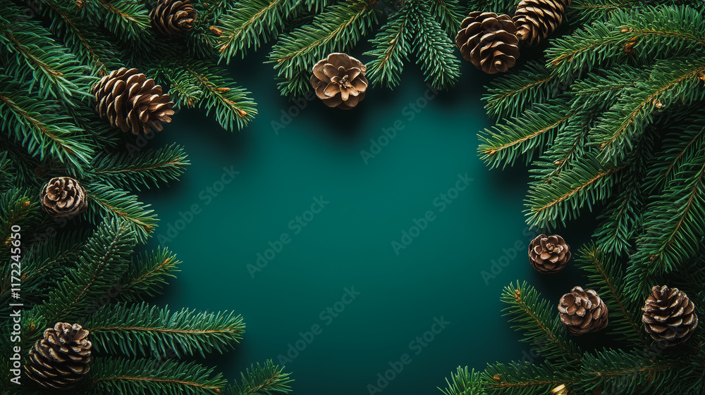 custom made wallpaper toronto digitalWinter Wonderland Frame:  A festive arrangement of pine branches and pine cones creates a charming frame against a deep teal background, perfect for holiday greetings or winter-themed designs. 