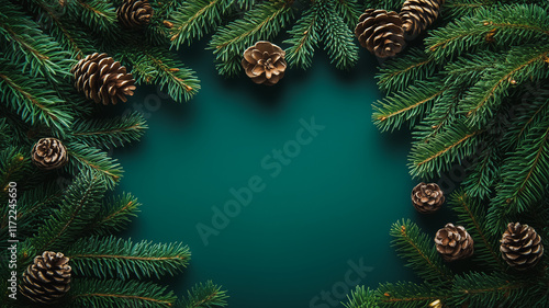Wallpaper Mural Winter Wonderland Frame:  A festive arrangement of pine branches and pine cones creates a charming frame against a deep teal background, perfect for holiday greetings or winter-themed designs.  Torontodigital.ca