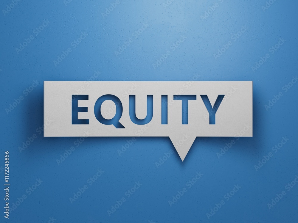 Wooden mannequin near tower of cubes with word equity.Minimalist Abstract Design With White Cut Out Paper.3D rendering on blue background. Wooden mannequin near tower of cubes with word equity.Minimalist Abstract Design With White Cut Out Paper.3D rendering on blue background.