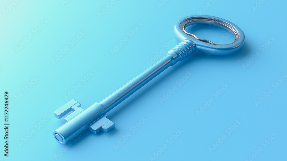 Blue Key to Success: A sleek, metallic key rests on a light blue background, symbolizing opportunity, access, and potential. The image evokes a sense of unlocking new possibilities. Blue Key to Success: A sleek, metallic key rests on a light blue background, symbolizing opportunity, access, and potential. The image evokes a sense of unlocking new possibilities.