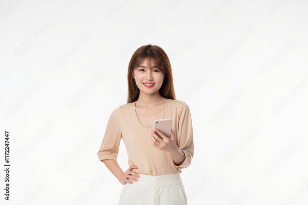 Young Woman Holding Smartphone on White Background Smiling Confidently Young Woman Holding Smartphone on White Background Smiling Confidently