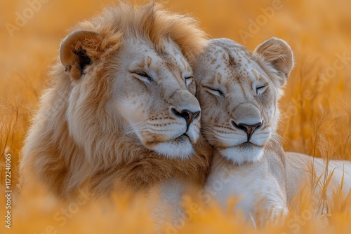 A lion and lioness nuzzle together in a serene golden landscape.