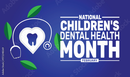  February is National Children’s Dental Health Month background template. Perfect for banners, cards, posters, and social media .
 Vector design with text inscription and classic color for