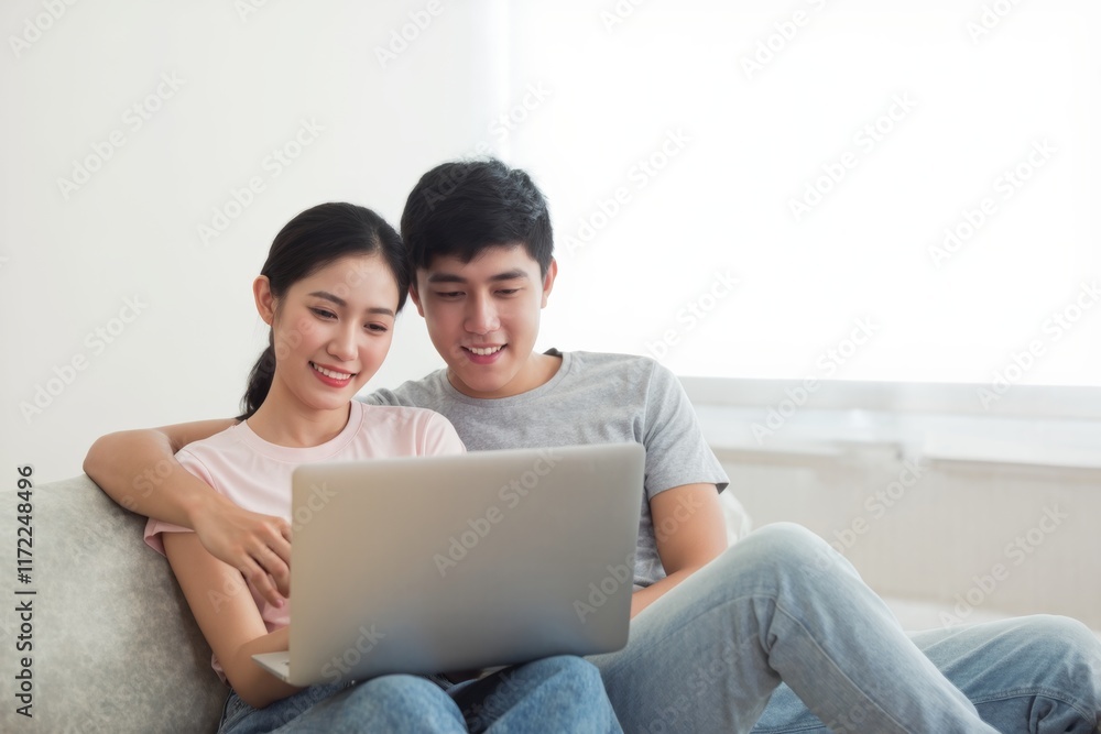 Young Couple Enjoying Time Together While Using Laptop at Home Young Couple Enjoying Time Together While Using Laptop at Home