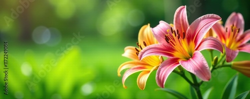 Exotic lilies bloom in shades of pink and yellow on a lush green grass, nature, flowers, colorful