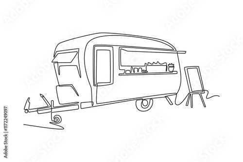 Street food festival. Market concept. Single line draw design vector graphic illustration.	