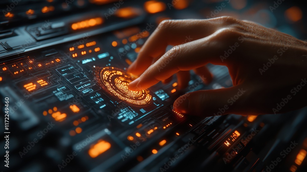 Futuristic interface with glowing controls and a hand interacting. Futuristic interface with glowing controls and a hand interacting.