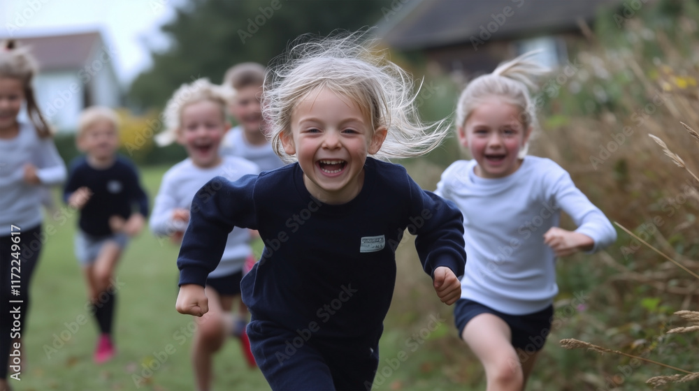 Obraz premium A group of children are running in a field