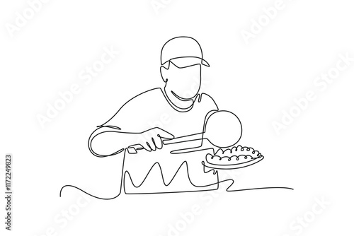 Street food festival. Market concept. Single line draw design vector graphic illustration.	