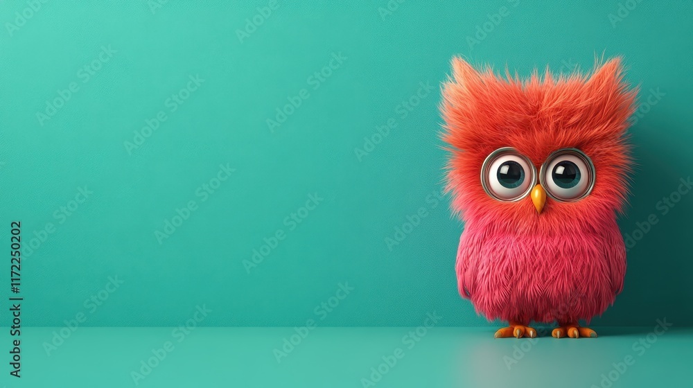 Fototapeta premium Adorable Fluffy Pink Owl with Glasses on Teal Background