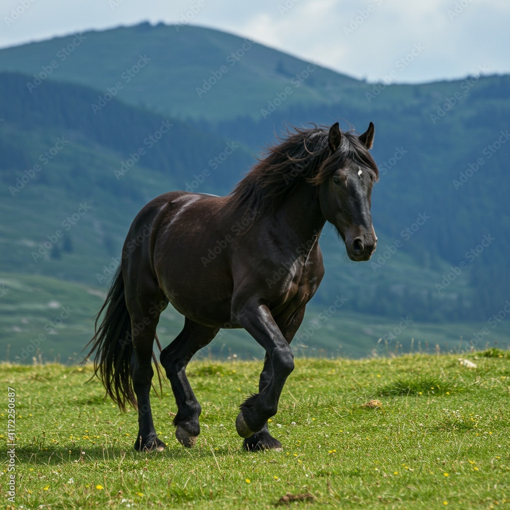Red Horse with in field against sky