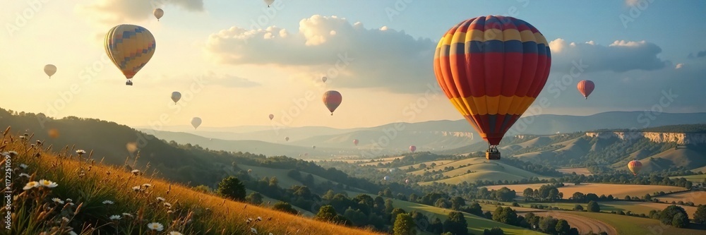 Hot air balloons sail above a serene countryside landscape, scenery, rolling hills, balloons Hot air balloons sail above a serene countryside landscape, scenery, rolling hills, balloons