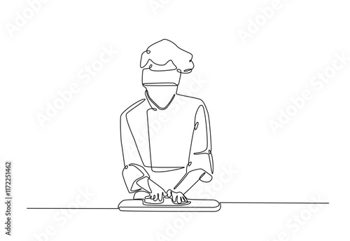 Bakery workers kneading dough in continuous one line drawing. Single line art illustration of chef rolling dough using wooden rolling pins. Editable vector.