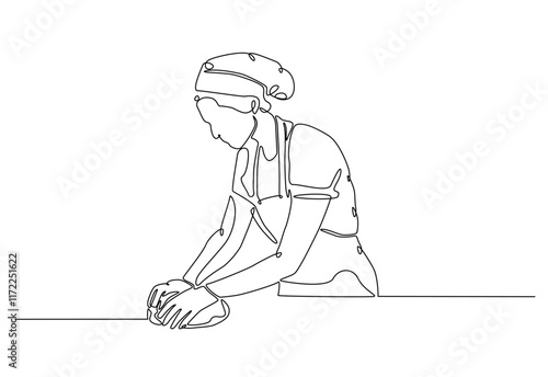 Bakery workers kneading dough in continuous one line drawing. Single line art illustration of chef rolling dough using wooden rolling pins. Editable vector.