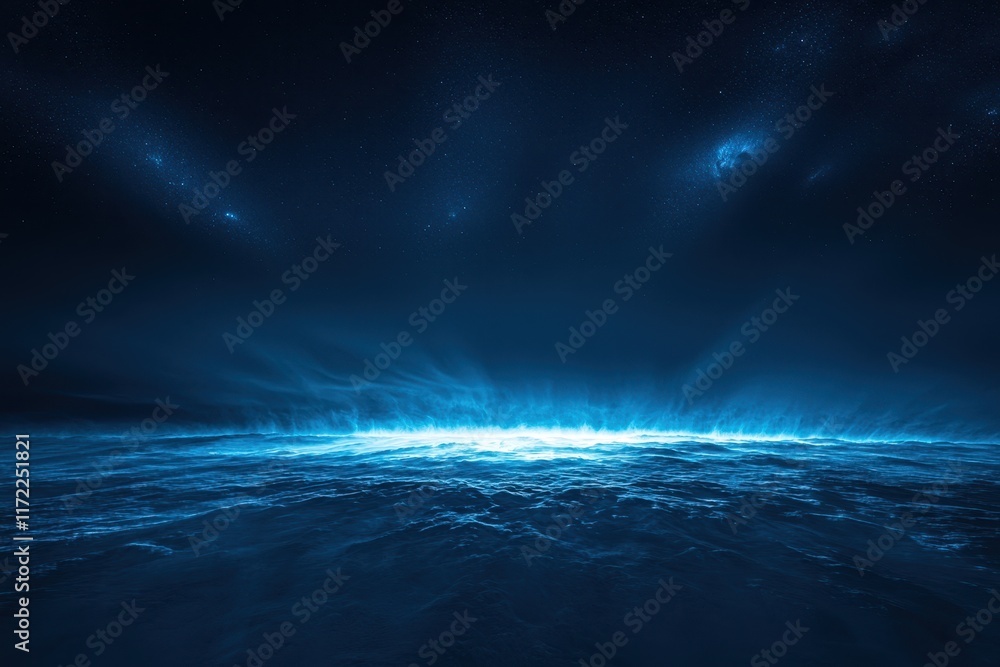 Fototapeta premium Surreal Galactic Perspective Over a Horizon with Mystical Light and Cosmic Elements