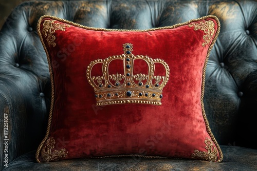 luxurious red velvet pillow adorned with a golden crown against a dark background evoking a sense of royalty and sophistication perfect for a regalthemed design photo