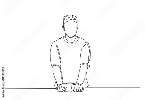 Bakery workers kneading dough in continuous one line drawing. Single line art illustration of chef rolling dough using wooden rolling pins. Editable vector.