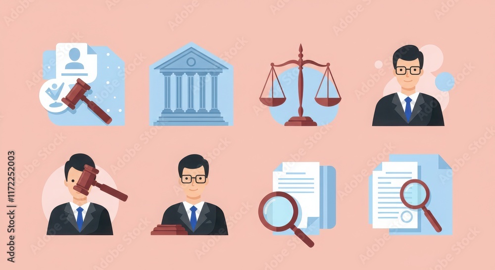 Legal symbols, courthouse, judge's gavel, scales of justice, law book, attorney in suit and glasses Legal symbols, courthouse, judge's gavel, scales of justice, law book, attorney in suit and glasses