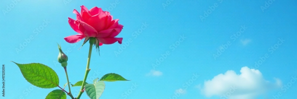 Long-stemmed red rose against a bright blue sky with large green leaves, stem, , garden Long-stemmed red rose against a bright blue sky with large green leaves, stem, , garden