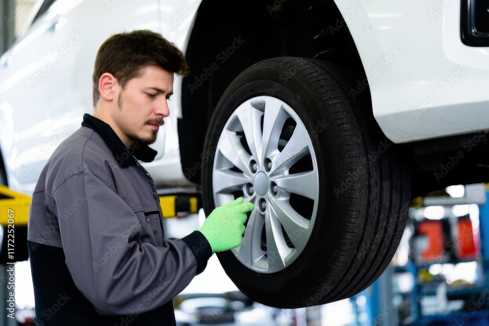 Mechanic Inspecting Wheel of Car in Automotive Service Center Mechanic Inspecting Wheel of Car in Automotive Service Center