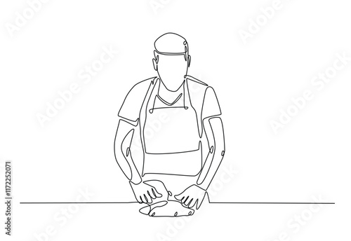 Bakery workers kneading dough in continuous one line drawing. Single line art illustration of chef rolling dough using wooden rolling pins. Editable vector.