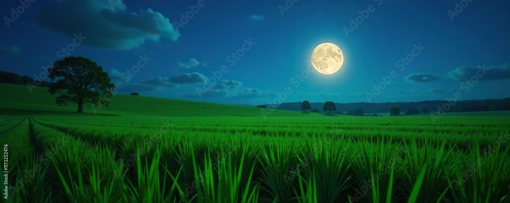 Fototapeta premium Lush green hay field under the gentle glow of a full moon, fields, night sky, moonlight