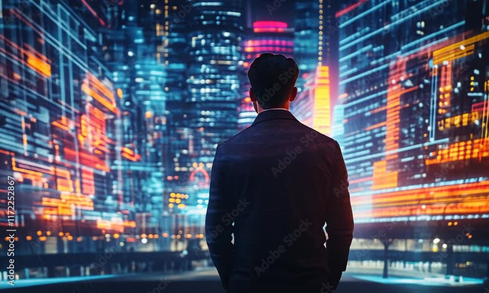 Man Contemplating Futuristic Cityscape at Night Man Contemplating Futuristic Cityscape at Night