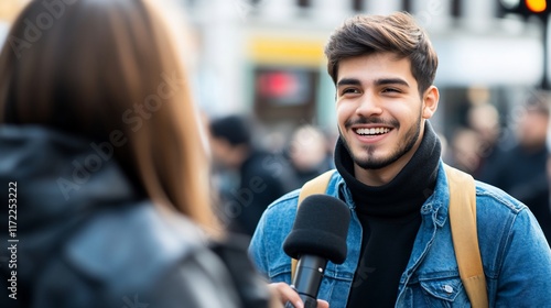 Young man being interviewed on city street.