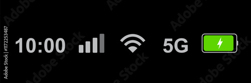 Status bar icon isolated on white background. Phone bar status Icons, battery drain in green, Mobile indicator of time, Wi-Fi signal. Vector Illustration