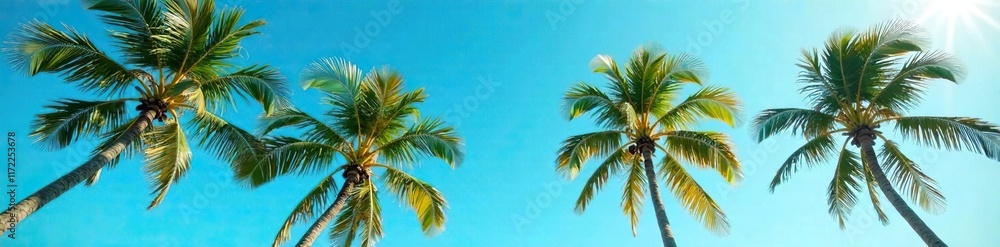Palm trees sway gently in the warm breeze against a bright blue canvas, , wind Palm trees sway gently in the warm breeze against a bright blue canvas, , wind