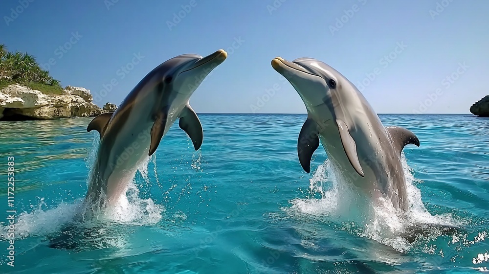 Naklejka premium Two dolphins leaping from the ocean, facing each other.