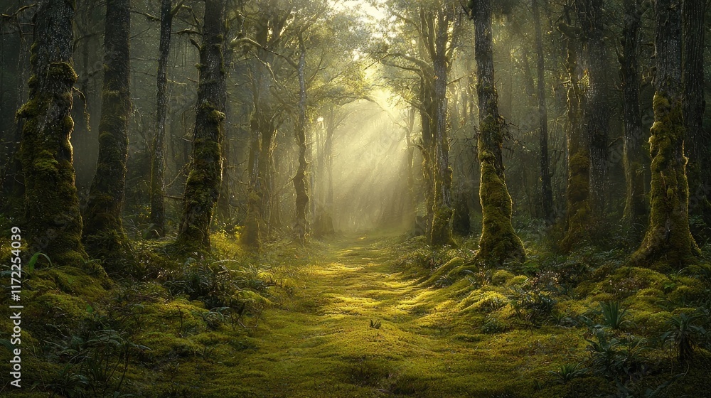 Obraz premium A serene forest scene with sunlight filtering through trees and lush greenery.