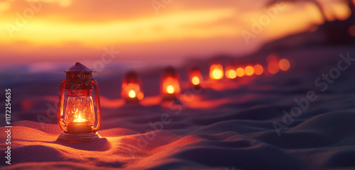 A tranquil desert scene at sunset with an array of glowing Ramadan lanterns lined up in the sand, their light softly illuminating the surroundings. photo