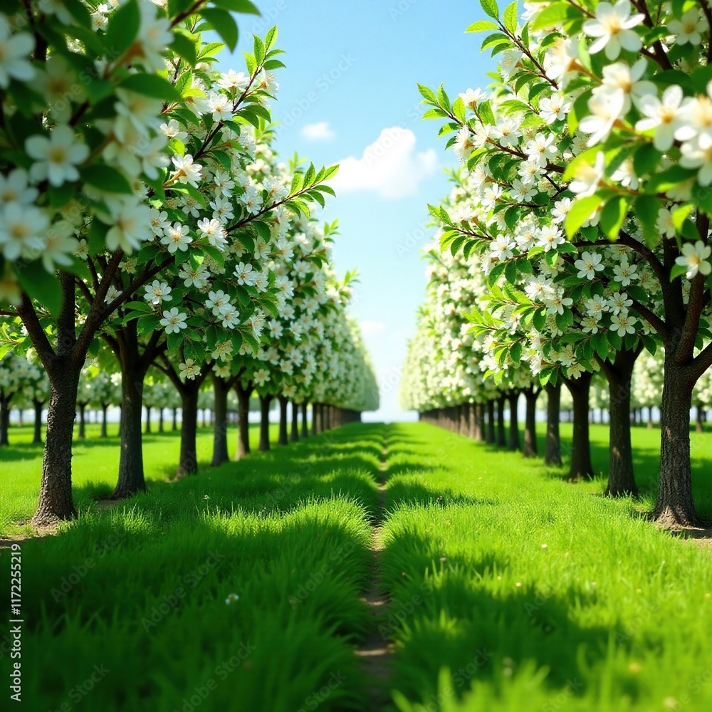 Rows of lush green trees in full bloom with delicate white flowers, almonds blooming, farm life, spring flowers Rows of lush green trees in full bloom with delicate white flowers, almonds blooming, farm life, spring flowers
