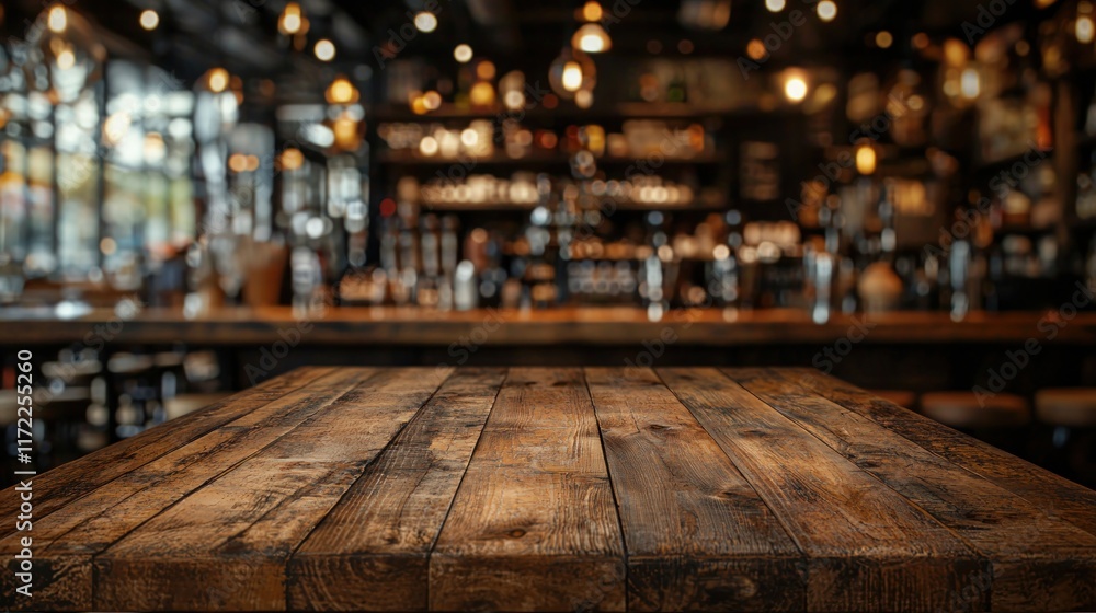 Rustic Wooden Table in a Blurred Bar Setting Rustic Wooden Table in a Blurred Bar Setting