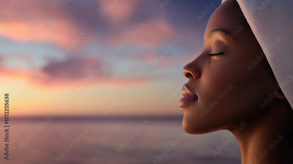 Serene Profile of a Woman with Closed Eyes at Sunset by the Ocean Serene Profile of a Woman with Closed Eyes at Sunset by the Ocean