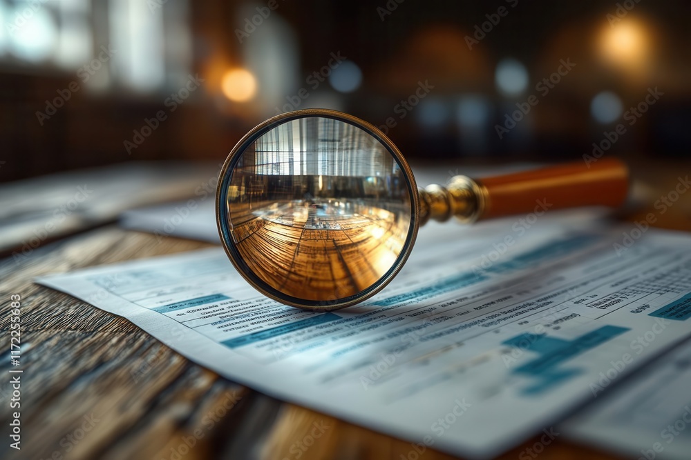 magnifying glass resting atop neatly arranged documents with analytics data sharp focus on the lens reflecting light conveying a sense of investigation and analysis magnifying glass resting atop neatly arranged documents with analytics data sharp focus on the lens reflecting light conveying a sense of investigation and analysis