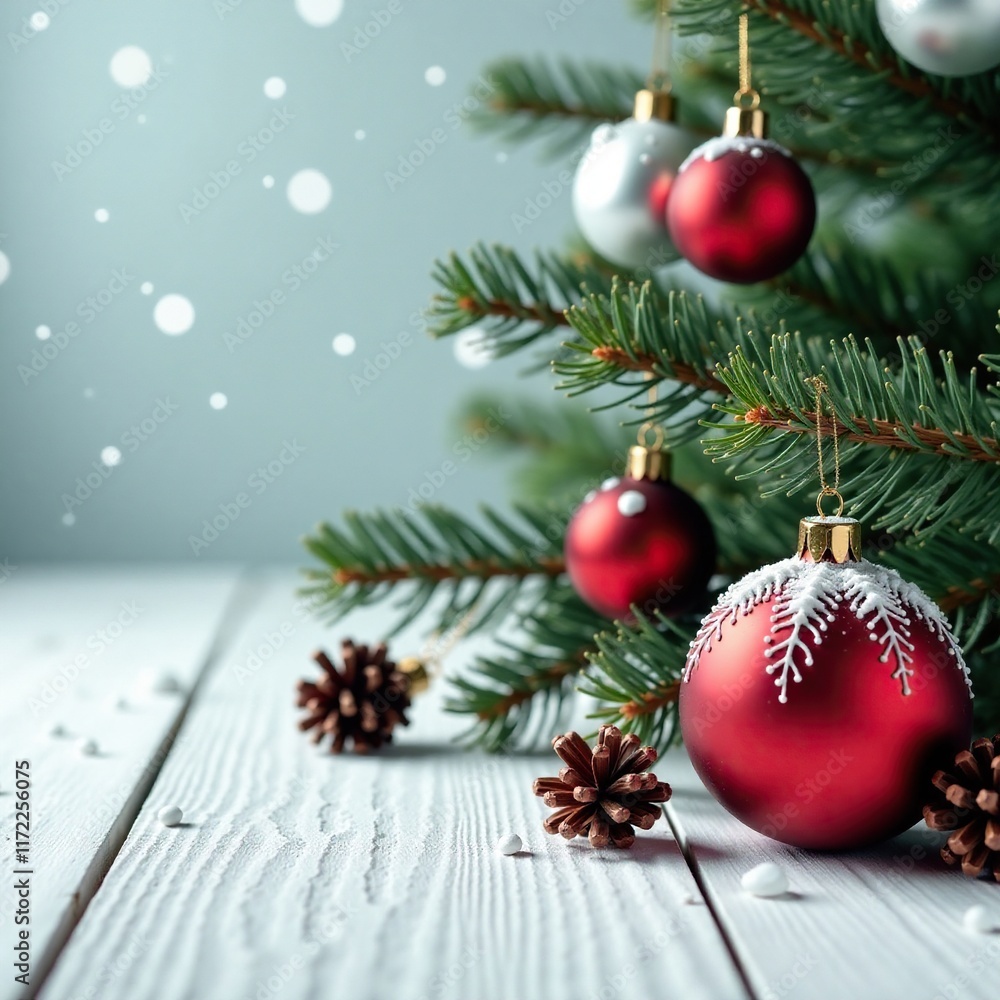 Fototapeta premium Snowy pine branches with red and white Christmas ornaments on the floor, tree branches, festive decorations, pinecones