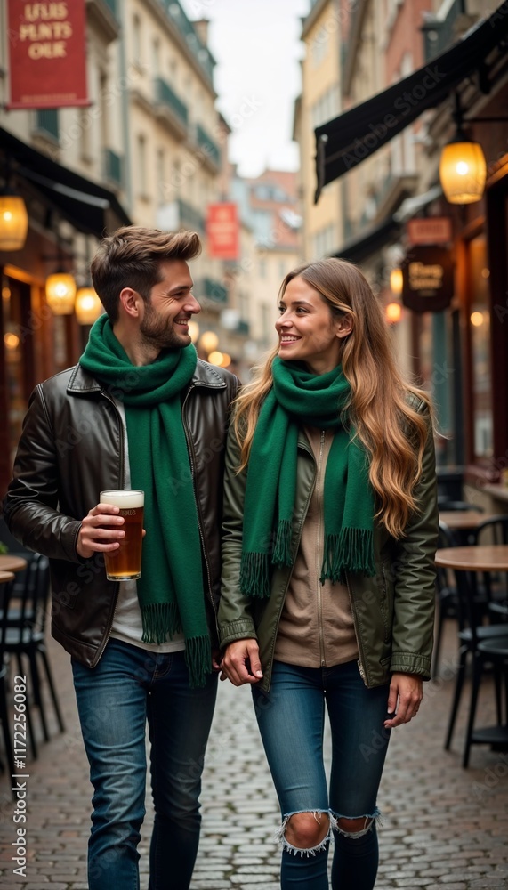 Obraz premium Couple enjoying a stroll through a charming street with drinks on St. Patrick's Day
