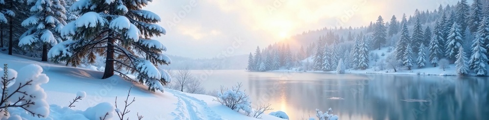 Snowy pine tree and frosty branches in a vast winter wonderland, frozen lake, snowy woods Snowy pine tree and frosty branches in a vast winter wonderland, frozen lake, snowy woods