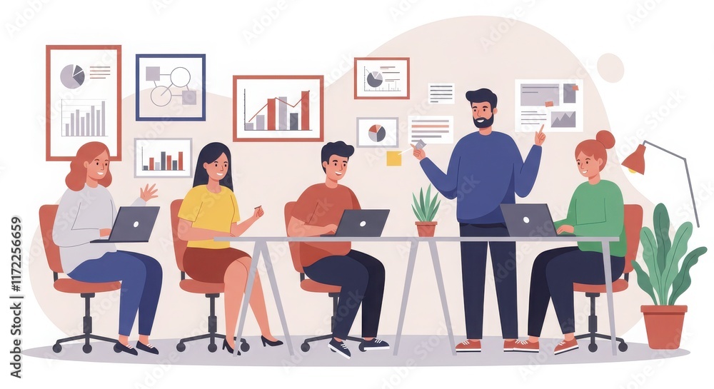 Cartoon illustration, diverse team, office workspace, young professionals, laptops, framed Cartoon illustration, diverse team, office workspace, young professionals, laptops, framed
