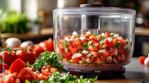 Fresh pico de gallo in food processor. Perfect for recipes, blogs, or healthy eating content. photo