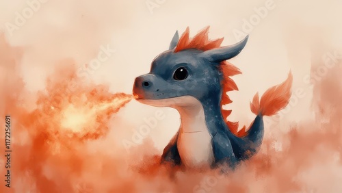 Cute dragon breathing fire, fantasy art, clouds. photo