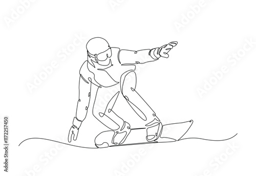 Snowboarder ride speed at mountain in continuous one line drawing. Single line art illustration of extreme sport snowboard. Editable vector.
