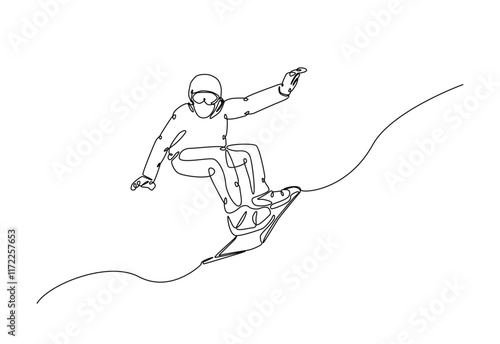 Snowboarder ride speed at mountain in continuous one line drawing. Single line art illustration of extreme sport snowboard. Editable vector.