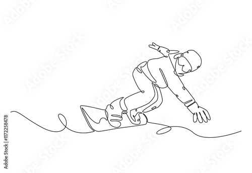 Snowboarder ride speed at mountain in continuous one line drawing. Single line art illustration of extreme sport snowboard. Editable vector.