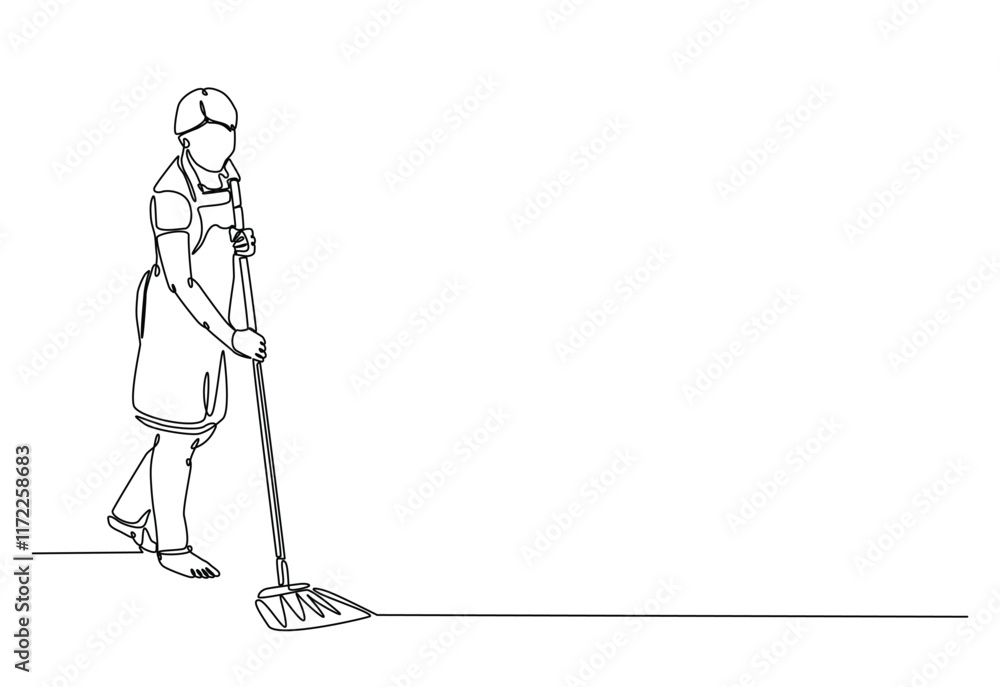 Fototapeta premium Woman mopping floor in continuous one line drawing. Single line art illustration of cleaning service worker. Editable vector.