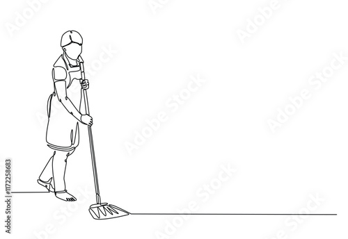 Woman mopping floor in continuous one line drawing. Single line art illustration of cleaning service worker. Editable vector.